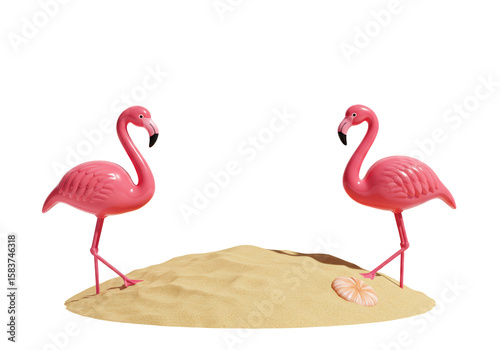 Isolated Pair of Pink Flamingo Lawn Ornaments on Sand