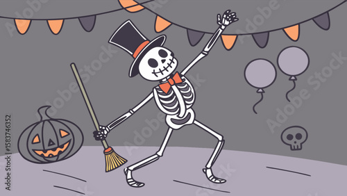 Halloween party skeleton with top hat pumpkin and balloons vector illustration for spooky season celebrations