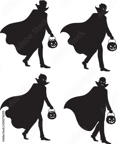 Vampire walking with pumpkin basket silhouette