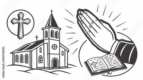 Church building christian cross prayer hands and bible vector illustration for religious design needs