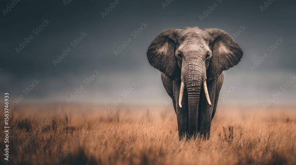 Fototapeta premium Majestic elephant in golden hour savannah, soft shadows and open space for World Elephant Day