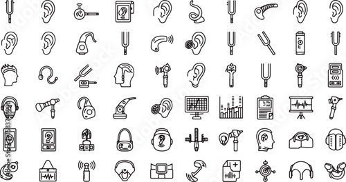 Collection of various line art icons depicting ear-related medical concepts and instruments.