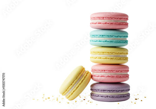 Isolated Tower of Pastel Macarons with Crumbs