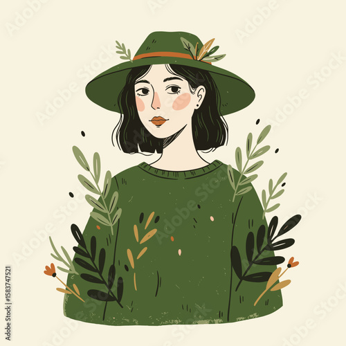 Woman in green sweater and hat surrounded by leaves and plants  