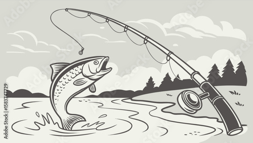 Fishing illustration showing a fish jumping out of water with a fishing rod in the background scene