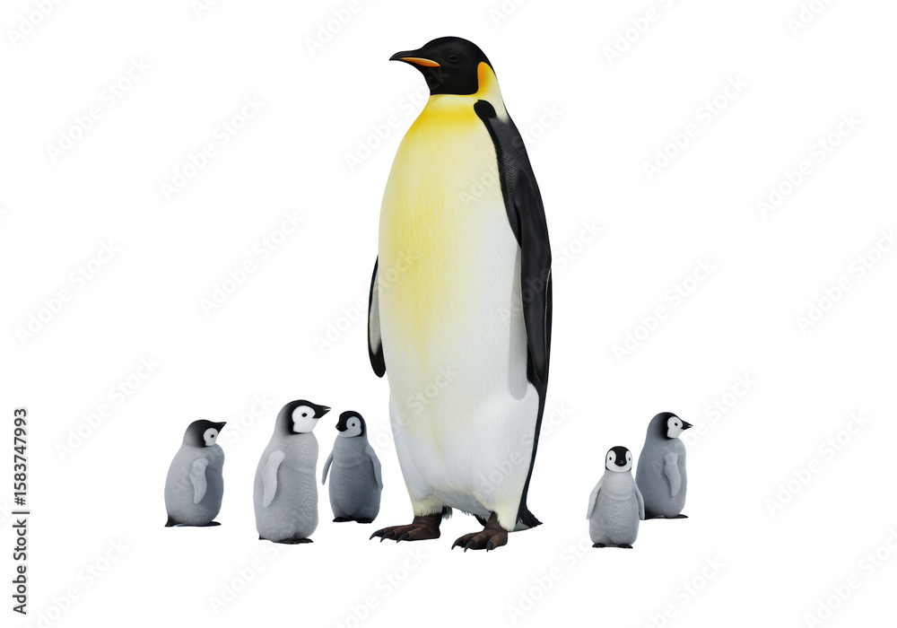 Fototapeta premium Isolated Emperor Penguin with Baby Chicks