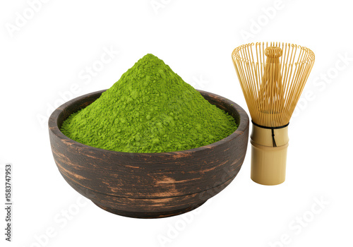 Isolated Ceremonial Matcha Tea Preparation with Bamboo Whisk