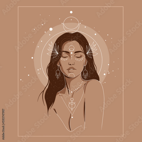 Young woman with closed eyes and spiritual symbols on brown background  