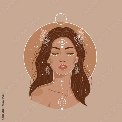 Woman with long brown hair with astrological decorative elements in pastel style