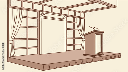Illustration of stage with podium, curtains, and backdrop for presentation or public speaking event design