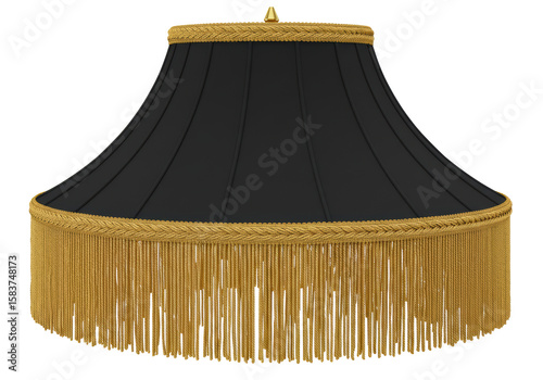 Isolated Black Lampshade with Golden Tassels Trim