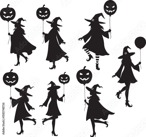 Witch holding balloon halloween silhouette