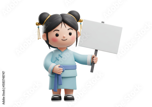 Isolated Adorable 3D Cartoon Girl Holding Blank Sign
