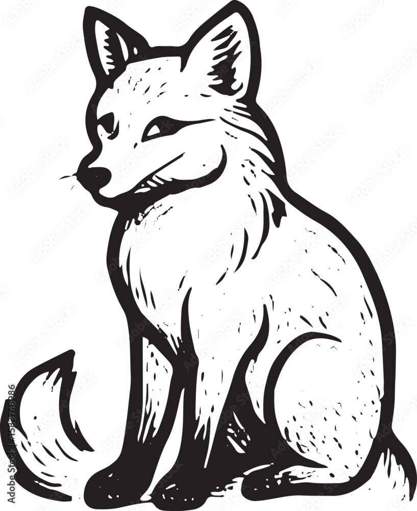 Obraz premium Detailed black and white illustration of a sitting fox with a thoughtful expression