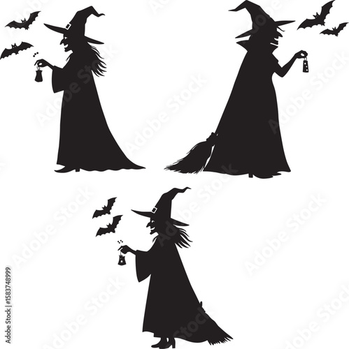 Witch with bats potion bag silhouette