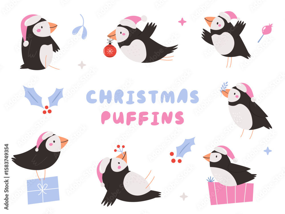 Obraz premium Cute Christmas Puffins in Santa Hats. Winter Holiday Cartoon Birds Collection.