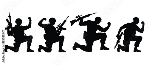 Strong military man silhouette celebrating success with raised fist, black vector icon for patriotic and army themes

