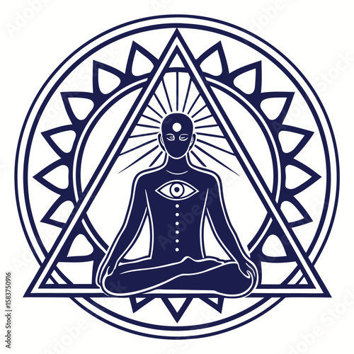 Navy Blue Meditating Figure Within Geometric Circle and Triangle