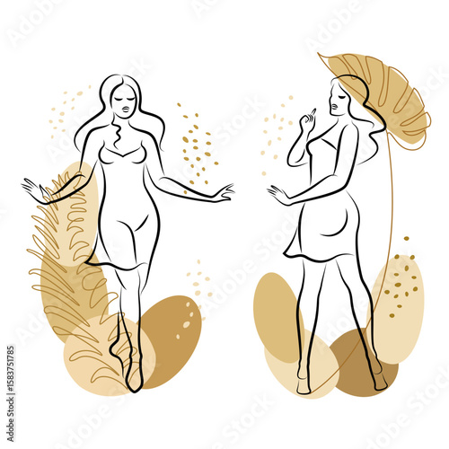 Collection. Silhouette of a cute lady and leaves of a plant. The girl is standing. The woman has a beautiful figure. She is young and slim. Vector illustration set.