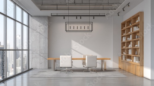 Modern office interior with panoramic city view.