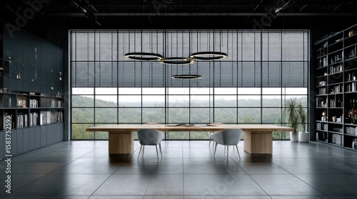 Modern office space with expansive windows overlooking a landscape.