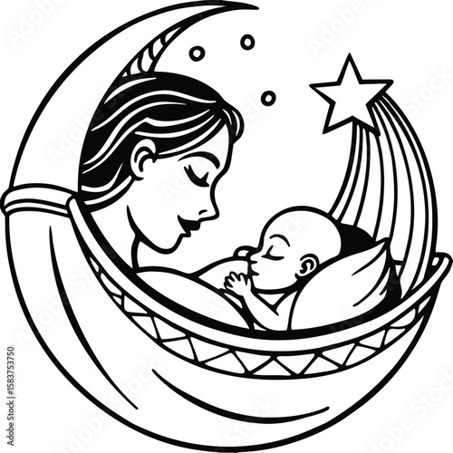 Vector art of mother and baby sleeping peacefully on a crescent moon