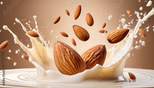 splash of almond milk with flying whole almonds on a beige background
