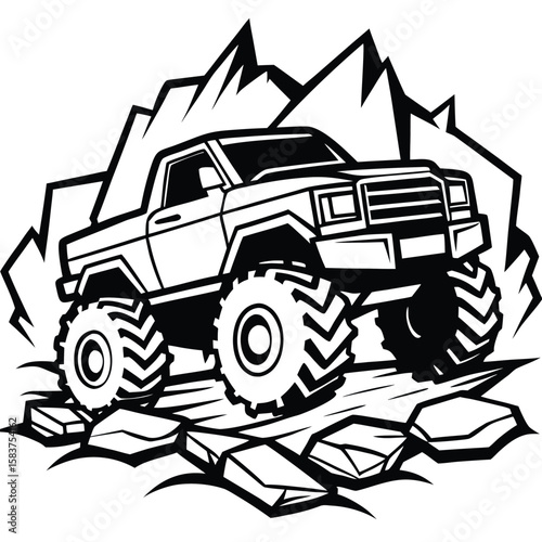 Vector art of monster truck driving through rocks and mountains