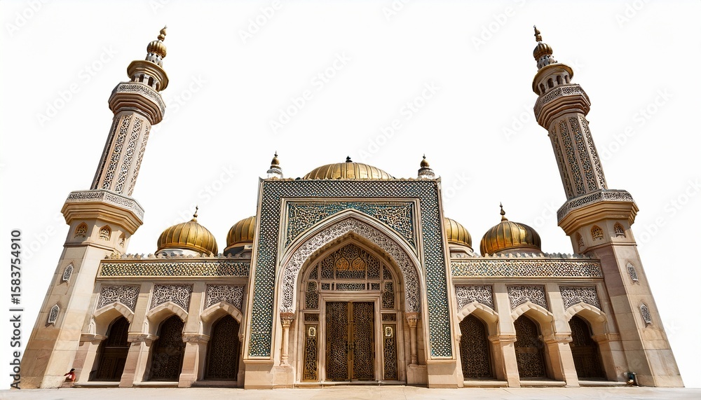 Fototapeta premium isolated ornate mosque facade with intricate architecture and minaret details