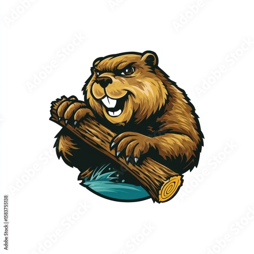 Cartoon beaver holding log