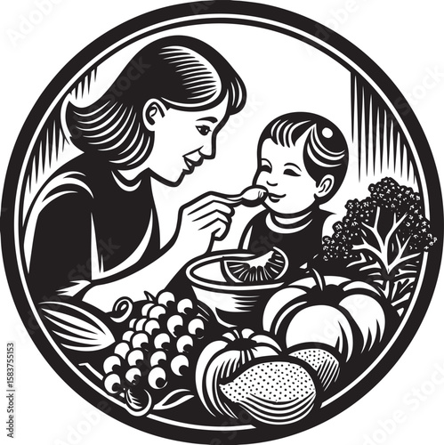 Mother feeding baby healthy food with fruits and vegetables, silhouette isolated on white background