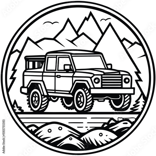 Vector art of offroad truck driving through scenic mountain landscape