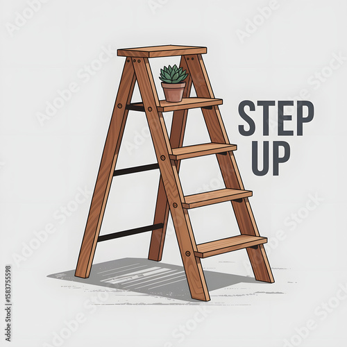 Wooden step ladder holding a potted succulent adds charm and functionality to any space, transparent background