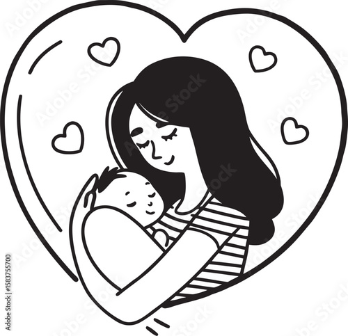 Mother holding baby with love inside a heart silhouette isolated on a white background
