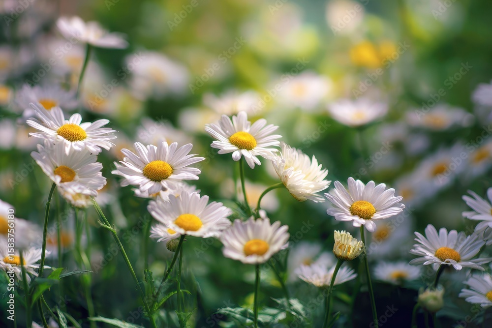 Fototapeta premium Blooming daisies fill a sunlit garden with vibrant colors and fresh scents, inviting visitors to enjoy nature's beauty during a tranquil afternoon