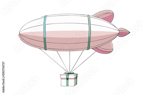  pink blimp delivering a gift box isolated on white background.