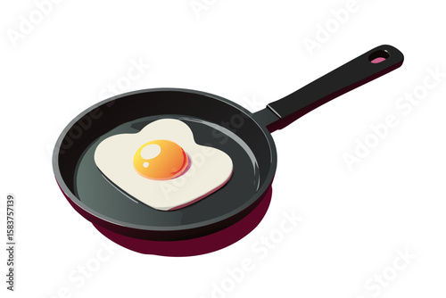 black frying pan red bottom fried egg cooking kitchen breakfast design isolated on white background.