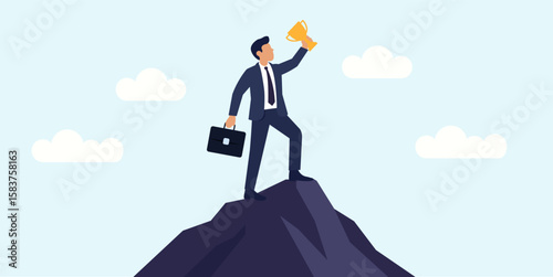 Business Success Concept – Man Standing on Mountain Peak Holding Trophy