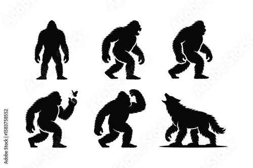 Bigfoot and wolf silhouettes in various poses Sasquatch Yeti