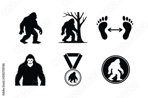 Bigfoot silhouettes and footprints with medal and social distancing icons Sasquatch