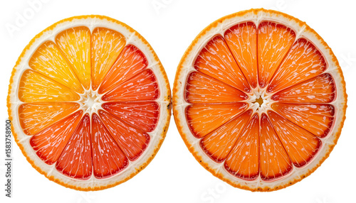 Two vibrant blood orange halves showcase citrus fruit texture and juicy segments, a healthy food choice isolated on transparent background
