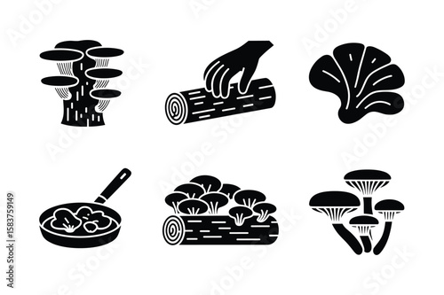 Black silhouette icons of mushrooms and food preparation fungi cultivation