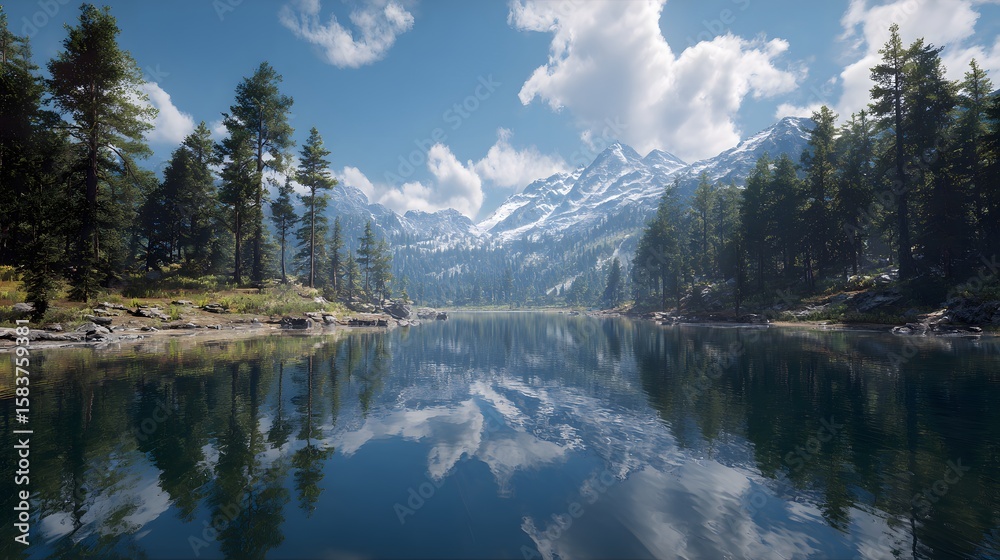 Naklejka premium Peaceful mountain lake surrounded pine forest snowy peak perfectly still water reflecting clouds photo realistic landscape rich textures natural shadows wide angle shot clear blue sky scattered clouds