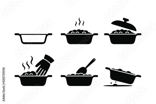 Cooking preparation steps with casserole dish and food serving