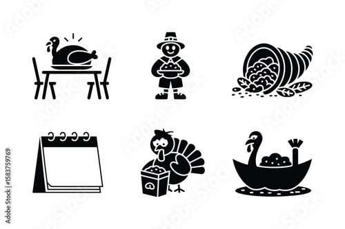 Thanksgiving icons featuring turkeys pilgrims and harvest cornucopia calendar