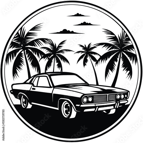 Vector art of classic car with palm trees on a tropical beach