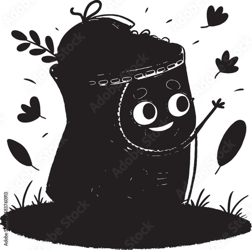 Black and White Cartoon Tree Stump Character Waving in Grass with Falling Leaves vector
