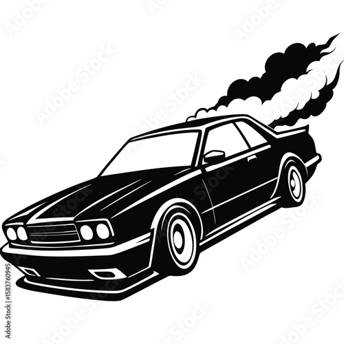 Vector art of sportscar with smoke trailing, conveying speed and power