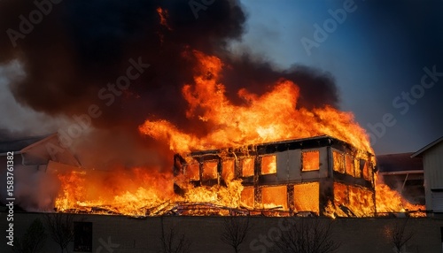 isolated building engulfed in flames and smoke