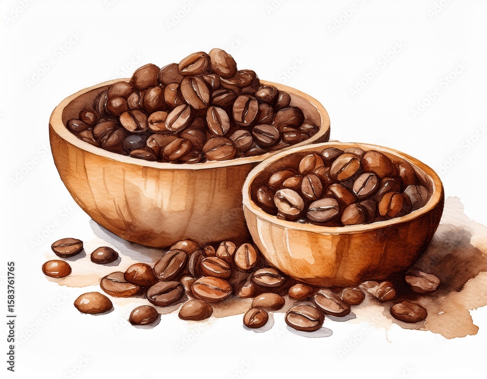 Fototapeta premium hand painted watercolor coffee beans in wooden bowls isolated on white background
